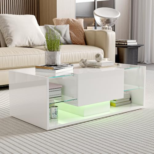 KSFASHZ Table Basse LED Salon avec 1 Tiroirs, Table Basse Blanc LED, 100×50×35cm, Table de Salon ModerneLED Tables Basses de SalonTable BasseSalon Blanche, Facile à Assembler, Blanc