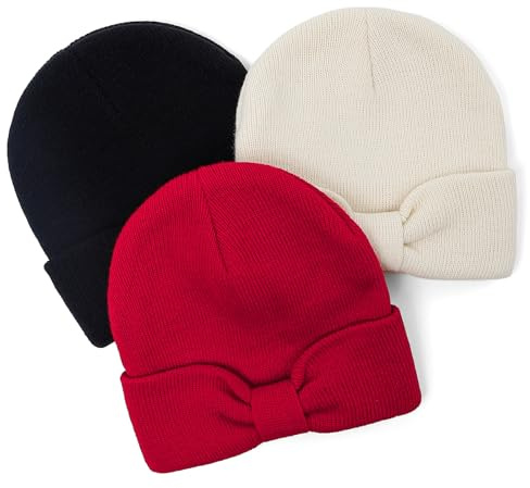 LACOFIA Babyvintermössa med söt rosett, småbarn, flicka, mössa, varm, mjuk stickad mössa, 0 till 36 månader, Röd + beige + svart, 6-3 Jahre
