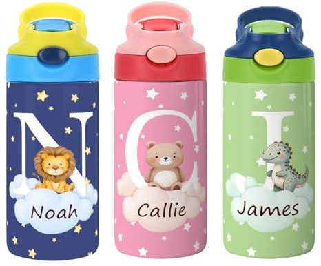 callie Gourde Isotherme Enfant Personnalisée Animaux 355ml, Bouteille Inox Double Paroi Anti-Fuite Paille, Cadeau Sport Excursion