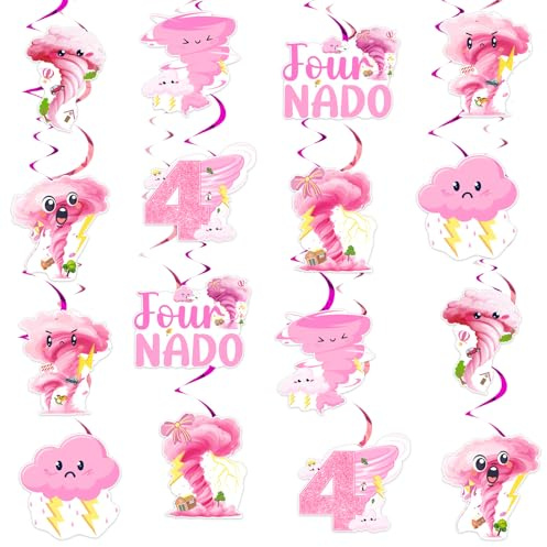 Cheereveal 24Pcs Pink Four Nado Birthday Hanging Swirls, Tornado Fourth Hanging Banner Streamers Ceiling Decorations, Weather Storm Themed 4th Birthday Party Supplies