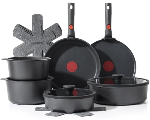 SENSARTE Set di Pentole Antiaderenti 17 Pezzi per Tutti i Piani Cottura Incluso Induzione, con Indicatore di Calore, Manici Amovibili, Compatibile Lavastoviglie e Forno