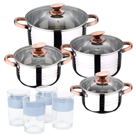 Batteria 8 pezzi in acciaio inox per induzione Collezione San Ignacio Premium + Set di 4 bicchieri da 0,5 l NOIA San Ignacio