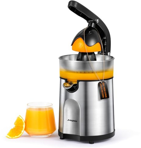 Amzpass Electric Orange Juicer, Citrus Juicer Squeezer with 2 Interchangeable Cones, 160W Electric Juicer Machine with Stainless Steel Body & Transparent Juice Collector for Lime Grapefruit Lemon