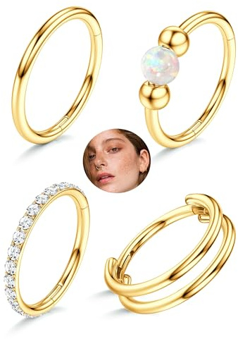 4Stück Nasenpiercing Ring Gold/Silber Hypoallergen - 316L Chirurgenstahl Segmentring Septum Piercing Nase Clicker Nasenring Knorpel Daith Rook Tragus Conch Helix Piercing Ring Golden 16G-10MM