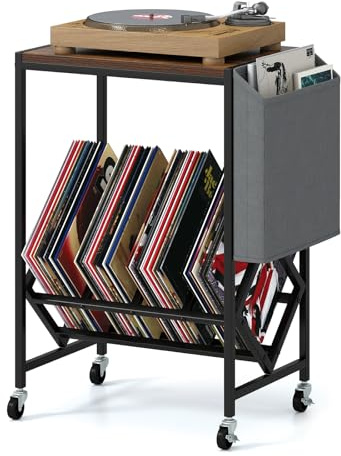 COSTWAY Meuble Platine Vinyle a Roulette, Petit Support pour Tourne-Disques avec Poche, pour 200 Albums Disques CDs, Cadre en Métal, Meuble Rangement Vinyle Hifi pour Salon, Chambre (Marron rustique)