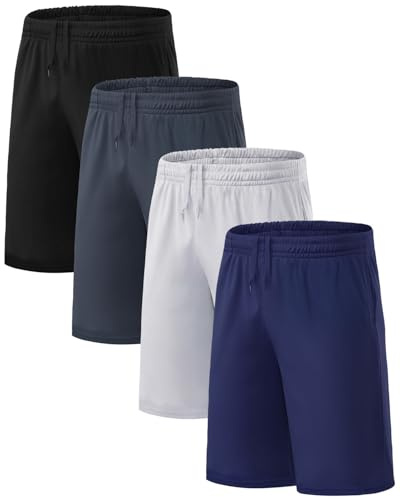 Orrfreer 4 Pack Boys Shorts Kids Sport Summer Football Lightweight School PE Shorts with Internal Drawstring Elastic Waist Black/Dark Grey/Grey/Dark Blue L