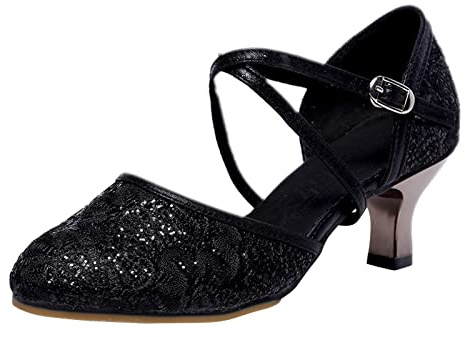 Sandaler damer sommar med klack, danssandaler för kvinnor, platta halkfria låga klackar paljetter dansskor skoluniform sommarsandaler med klack träningsskor fritidsskor, svart, 40 EU