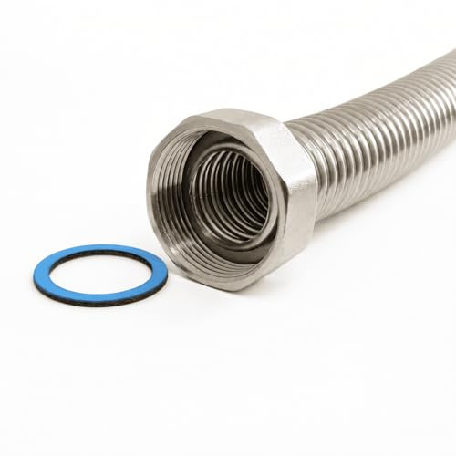 Edelstahlwellrohr 1 1/2 Zoll, Flexibler Panzerschlauch DN32, 100mm (10cm) | Beidseitig 1 1/2 Überwurfmutter, Montagefertig, Flexschlauch für Sanitär & Heizung (Solar, Warmwasser- und Pufferspeicher)