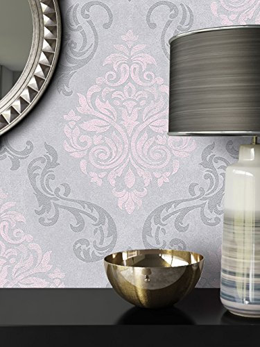 NEWROOM Barocktapete Tapete Grau Ornament Barock Vliestapete Rosa Vlies moderne Design Optik Barocktapete Wohnzimmer Glamour inkl. Tapezier Ratgeber