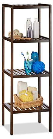 Relaxdays Bambus Badregal mit 4 Ablageflächen, HxBxT: 110 x 34,5 x 33 cm, hohes Standregal, Holzregal, dunkelbraun