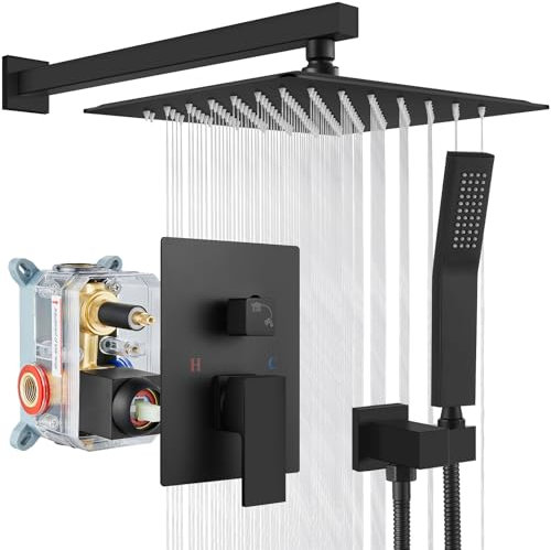 gotonovo Rain Shower System Matte Black Square 12 Inch Shower Head with Hand Held Shower Rough in Valve Rainfall Shower Complete Combo Set Wall Mounted Bathroom