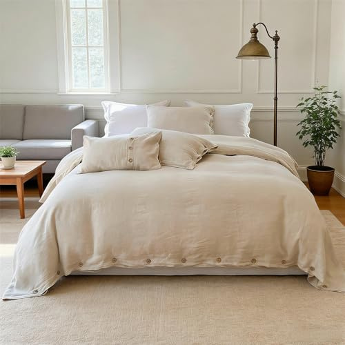Simple&Opulence 100% Linen Duvet Cover Set 3pcs with Coconut Button Closure Natural French Washed Flax Solid Color Soft Breathable Farmhouse Bedding - Linen, King Size