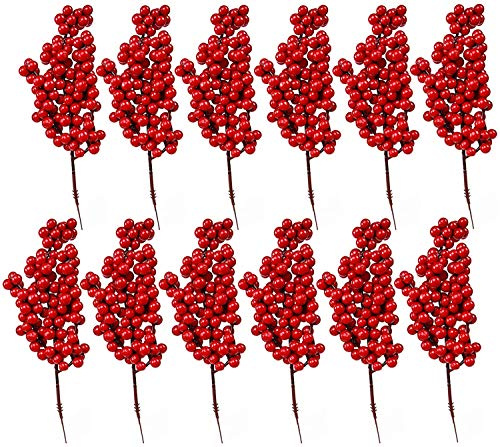 Christmas Red Berry Twig Stem, 12 Pack Artificial Red Berry Picks for Xmas Wreaths decorations, Christmas Tree Decorations, Crafts, Wedding, Holiday Home Decor (Red)