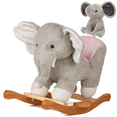 SpecialYou Baby Rocking Horse Wooden Rockers with Seat Elephant Rocking Horse Ride Plush Stuffed Animals Toy -Set of 2, Boy Girl Kids Ride on Toys for 10 Months to 3 Years Old, 25 Lx10 Wx16 H, Gray