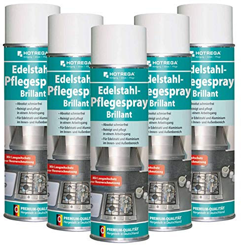 HOTREGA Edelstahl-Pflegespray Brillant 5x 500ml | Schlierenfreie Reinigung & Pflege | Vermindert Fingerabdrücke | Für Küche, Haushalt & Geräte