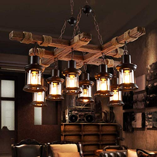 Vintage Pendant Light Antique Boat Wood Dining Table Hanging Lamp Height Adjustable E27 Retro Restaurant Lights Black Iron Lampshade Kitchen Coffee Shop Dining Living Room Loft Ceiling Light,8 Heads