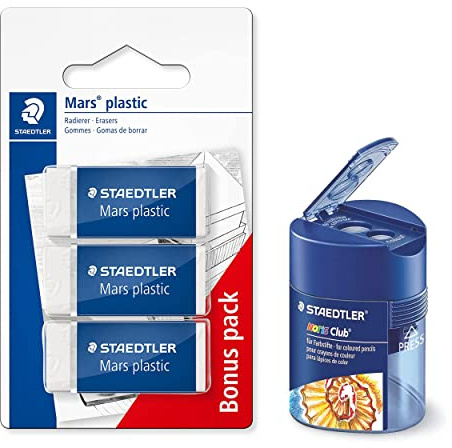 Staedtler Doppelspitzdose und 3 Radierer Mars plastic, phtalat- und latexfrei, geringe Krümelbildung, weiß, geringe Abnutzung, 1 Stück (1er Pack)