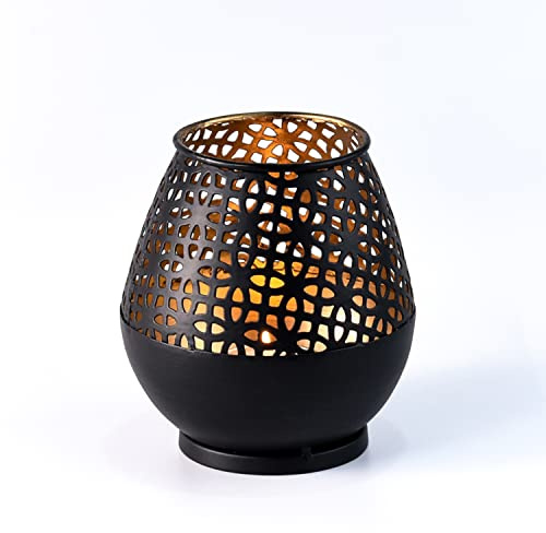 Marrakesch Moderne Teelichthalter 10cm Schwarz & Gold innen aus Metall Deko Windlicht Dagny als Hochzeitsdeko Tischdeko