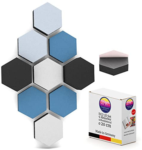 PolySound® ECO Akustikpaneele selbstklebend - Breezy Blue - Extra Schalldämmung durch αw 0,9 – wieder ablösbar durch Spezialkleber - 9x 3D Akustikschaumstoff 3-10cm