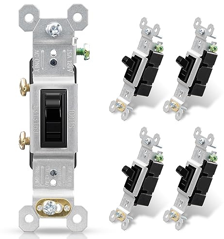 ELEGRP Single Pole Toggle Light Switch, 15 Amp, 120 Volt, Toggle Framed AC Quiet Switch, in Wall On/Off Switch Replacement, Self-Grounding, Residential and Commercial Grade, UL (5 Pack, Glossy Black)