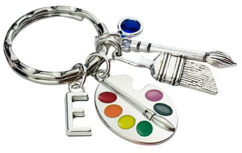 Personalised Artist Keyring with initial charm and birthstone crystal, palette and painbrush jewellery bag charms, handmade art teacher appreciation graduation birthday teen girl motivational brush