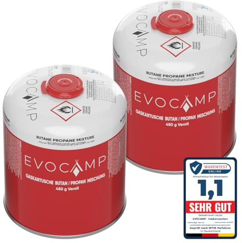 EVOCAMP 2X Propan Butan Gaskartuschen 450g einsetzbar für Weber Grills Q100/1000-Serien, Schraubkartusche Eurogewinde 7/16, Ventilkartusche 809ml mit Sicherheits-Verschlussautomatik