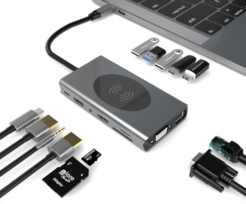 LTLWSH USB C Hub, 14-In-1 USB C Adapter To HDMI, VGA, Wireless Charger, Gigabit Ethernet, 5 USB 3.0, SD/TF Card Reader, USB C To 3.5Mm, USB C Dock for Macbook Pro And Type C Device