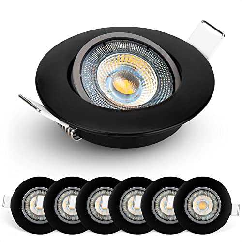 EMOS LED Einbaustrahler 230V, 4.9W / 350lm, 50° schwenkbar, Deckenspots neutralweiß 4000k | Led Spot flach 68mm Lochmaß | Set mit 6 Stück LED Spots 230V, Einbauleuchten rund Schwarz
