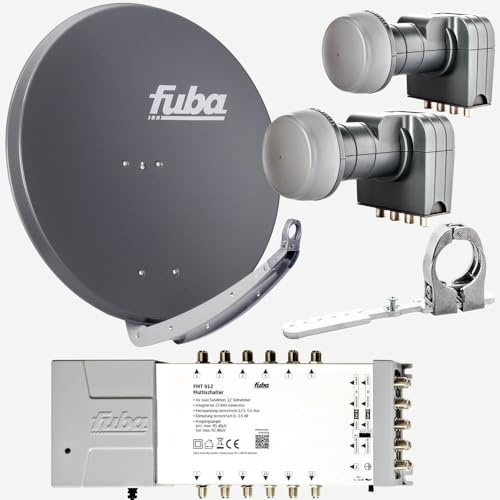 Fuba Sat Anlage 12 Teilnehmer - 2 Satelliten (z.B. Astra/Hotbird) | Satellitenschüssel Komplettset - DAA 850 A Sat-Schüssel 85cm Alu anthrazit + 2X LNB + Multifeed + Multischalter 12 Teilnehmer