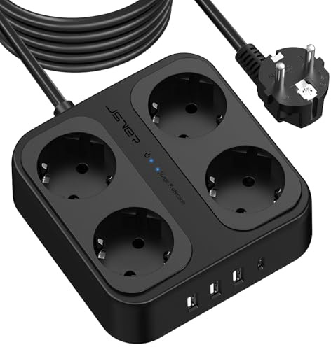 Steckdosenleiste 5M,JSVER Mehrfachsteckdose mit 4 Fach,3 USB A und 1 USB C Verteilersteckdose mit Schalter, Wandmontage Überspannungsschutz Verlängerungskabel für Zuhause Büro-Schwarz