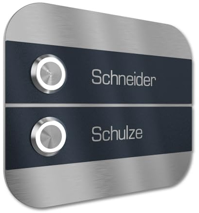 Graviers Design Mehrfamilien Türklingel mit LED Taster 2 Namen Gravur - V2A Edelstahl Klingel 140x115 mm - Unterputz wählbar Aufputz für Haustür Zweifamilienhaus
