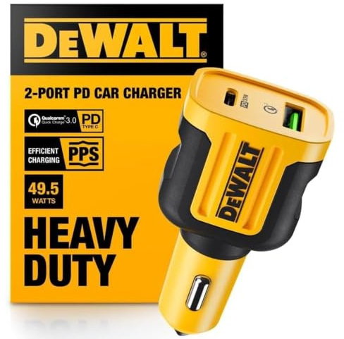 DEWALT Heavy Duty USB + USB C Car Charger Adapter, 49.5W Cigarette Lighter USBA Charger, PD Car Charging Adapter PPS 30W Quick Charge 3.0 Fast Charging for iPhone 17/16/15 Pro Max Samsung Galaxy Pixel