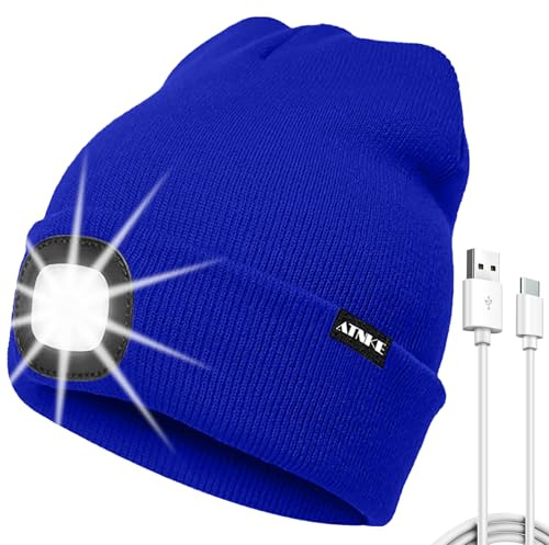 ATNKE LED Mütze mit Licht, USB Typ C Wiederaufladbare 4 LED Beleuchtete Laufmütze Extrem Heller Lampe Winter Warme Stricken Mütze für Herren und Damen Geschenke/Blue