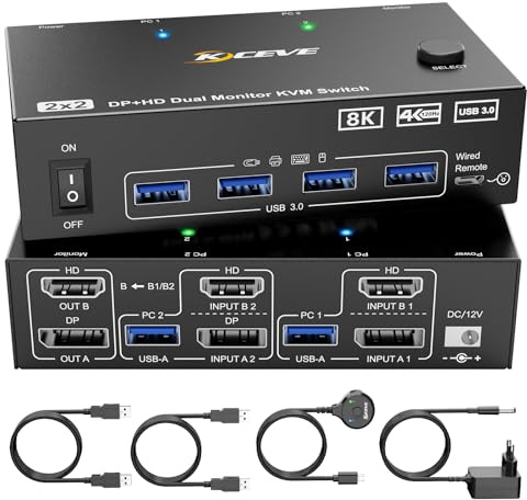 8K KVM Switch 2 PC 2 Monitore 8K@60Hz 4K@144Hz Displayport+HDMI Dual Monitore KVM Switch für 2 PC Share 2 Monitore und 4 USB 3.0 Geräte, Kabelfernbedienung, 12V Netzteil und USB Kabel enthalten