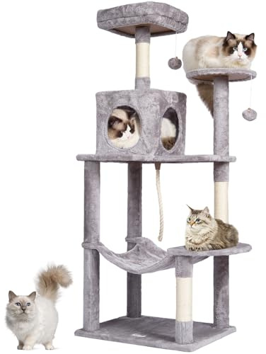 VEVOR Arbre à Chat, 143 cm, Tour d'escalade à Chats avec griffoir en sisal, Niche, hamac, perchoir supérieur, Plates-Formes de Saut, balles suspendues, pour activités d'intérieur Chats, Gris Clair