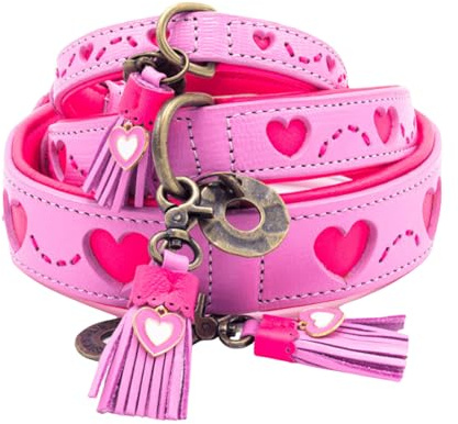 Dog with a Mission - Hundehalsband XS | Rosa Pink mit Herzen | Boho und Hippie | Ideal für kleine Hunde | Handgemacht | Modisch und Bunt | Aus weichem Echtes Leder | 2 cm Breit