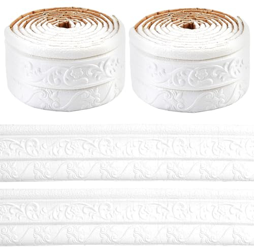 GORGECRAFT 2 Rolle 2.3 m X 8cm Wandleisten Zum Abziehen Und Aufkleben Weiße Tapetenbordüre Selbstklebende 3D Wandkante Mit Blumenmuster Schaumstoff Fußleisten Bordüre Aufkleber Fliesenleisten