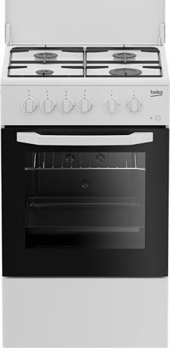 Beko - CSS42014FW – Cocina de 50 x 50 cm, horno eléctrico estático + encimera con 4 quemadores de gas y parrillas de plato, clase A, control mecánico, color blanco, dimensiones H x L x P: 85,0 x 50,0