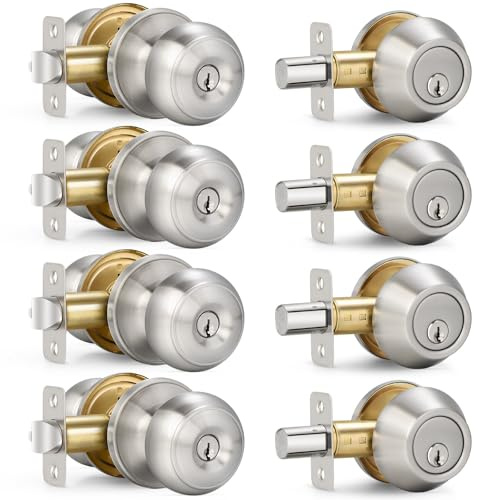 4 Sets Entry Door Knob and Single Cylinder Deadbolt Combo Set, Keyed Alike Round Ball Satin Nickel Exterior Door Knobs with Lock and Keys for Entrance and Front Door