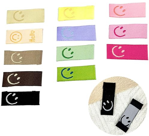 Hayaww 60 pcs Handmade Stoffetiketten Label zum einnähen Handgefertigte | Etiketten Paket Nähzubehör Mit liebe Genäht Annähen Einnäher Web Label Etikett nähen labels Smiley-Gesicht Etikett (A)