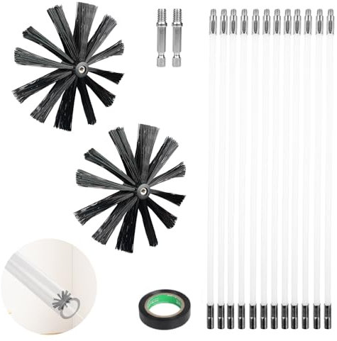 ZLLZPZD 4.8m Kaminbesen,Ø150mm Ofenrohrbürst mit 12 Flexible Stangen 410mm,Schornsteinfeger Bürste Stange Set,Kaminbürste mit 2 Bürstenköpfen,Schornsteinbesen Kit für Kamin/Abwasserrohr/Trockner Vent