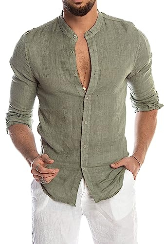 Evoga Camicia Uomo di Lino Manica Lunga Slim Fit Casual Estiva Coreana Traspirante (IT, Testo, M, Regular, Regular, Verde)