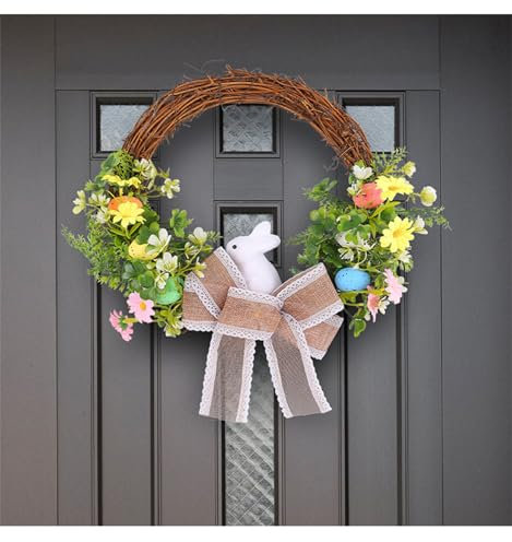 Frühlingskranz für die Haustür, Osterkranz mit Holzkaninchen und Blumen, Fensterdekoration im Freien Haustür Home Decor, Easter Deko für Outdoor, Party, Garten, Wand (Grün)