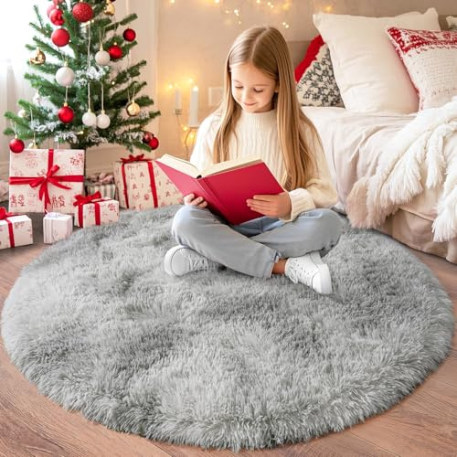 Chicnix Hochflor Teppich Rund 160 cm, Teppich Wohnzimmer Shaggy Langflor, Moderner Plüsch rutschfest Weich Flauschig Bettvorleger für Kinderzimmer Schlafzimmer, Batik Hellgrau