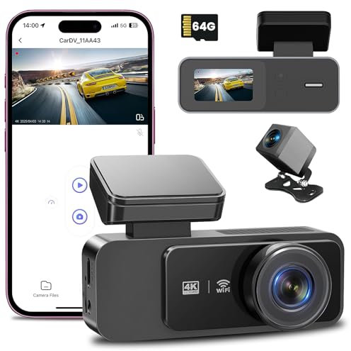 Dash Cam Front and Rear 4K+1080P, UHD Built-in WiFi DashCam with 64GB SD Card Inserted, 170°+140° Wider Angle Dash Camera for Cars, Super Night Vision, 24H Parking Mode, G-Sensor, Loop Recording, WDR