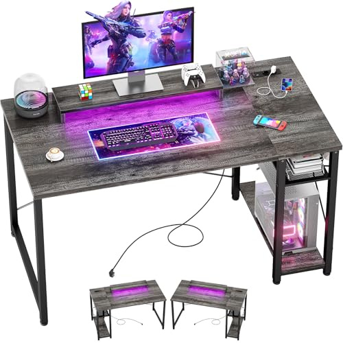 iSunirm Scrivania Gaming con Supporto per Monitor e Ripiano di Stoccaggio,Scrivania Computer con 2 Prese e 2 Porte USB,Scrivanie Moderne per Ufficio e Studio,100x50x75cm,Quercia Grigia