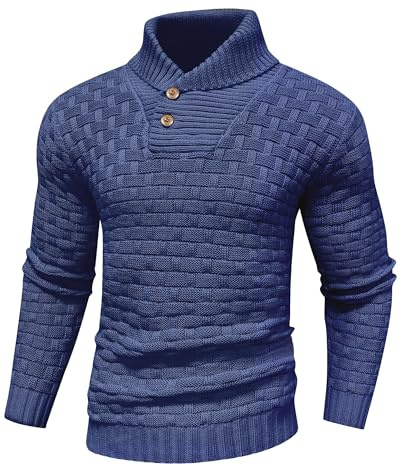 LIAMERHE Pullover Uomo a Collo Alto Aderente Autunno Inverno Maglione Manica Lunga Maglioni con Bottoni Casual Maglia Sweaters Lavorato Top Maglione a Maglia Grossa Blu XL