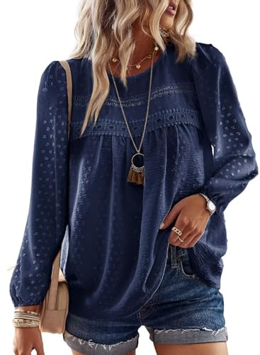TUUHAW Langarmshirt Damen Boho Bluse Elegant Rundhals Top Oberteile | Tops für Damen, Tunika Bluse Elegant, T Shirt Süß, Spitze Fließend, Oberteile Lässig Outfits, Frühling Herbst Winter
