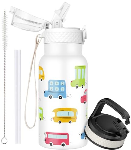 OLDLEY 500ml/17oz Kids Stainless Steel Insulated Water Bottle with Straw Double Wall Metal Vacuum Leakproof Small Flask with 2 Different Lids Hot Cold Drinks for Boys Girls Children (Car)