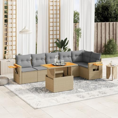Qnhdfrt Set di 7 divani da giardino, in polyrattan, con cuscino, beige, pieghevole, per terrazza, balcone, giardino